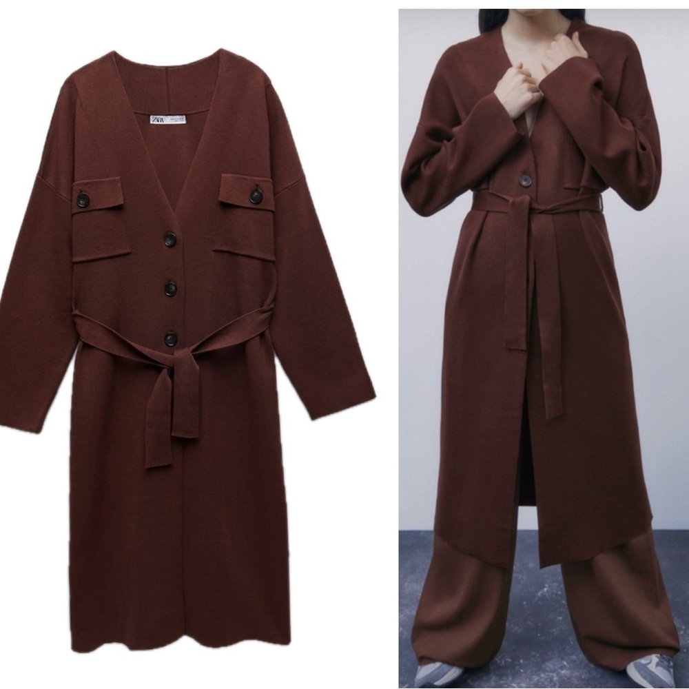 Zara chocolate brown knit midi button front cardigan sweater Sz M